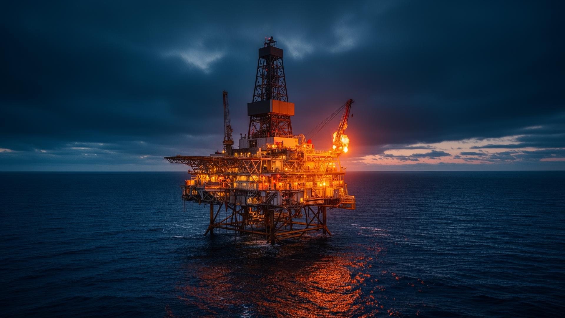 Plataforma offshore de petróleo y gas al atardecer